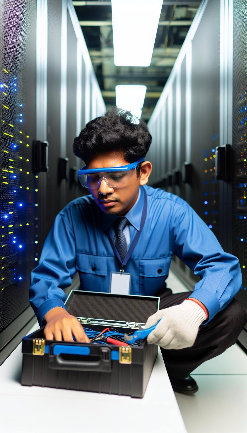 IT hardware maintenance guy looking and fixing a data center